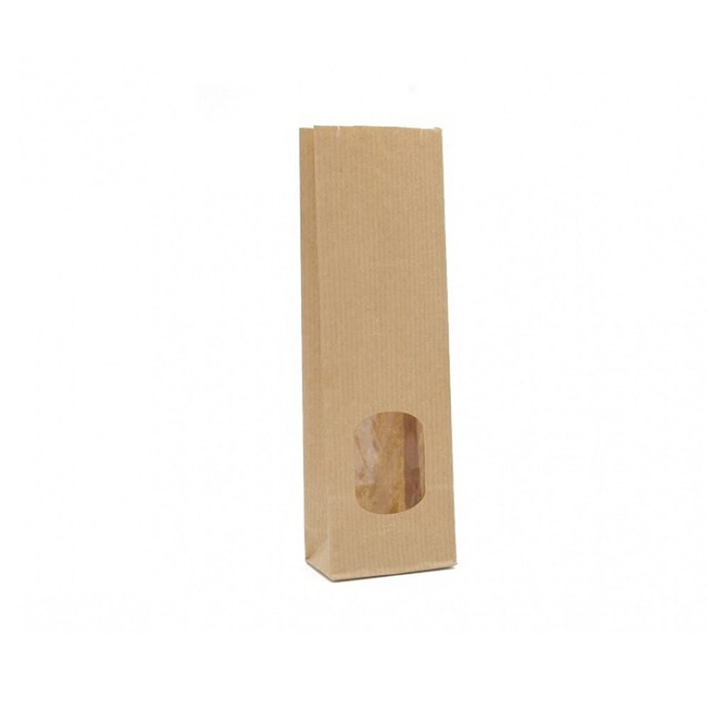 X100PC BLOCK BOTTOM BAG BROWN PAPER WITH WINDOW 70+40X205MM